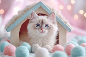 Adorable Ragdoll Kitten in Pastel House with Fluffy Balls