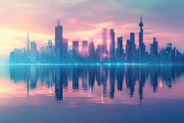 Obraz premium Futuristic Cityscape With Vibrant Reflections in Calm Water During Twilight