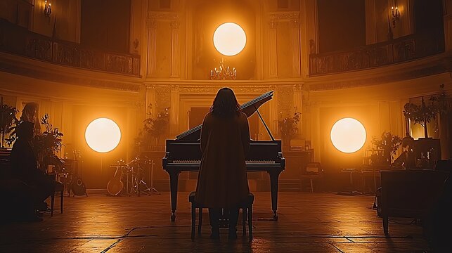 Piano player performing on stage with lights