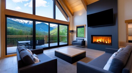 Naklejka premium Cozy cabin living room with a central fireplace, plush armchairs, and large glass windows that bring in the beauty of the surrounding mountain landscape.
