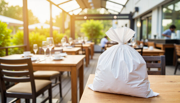 Garbage bag on restaurant patio in afternoon sunlight, hospitality waste