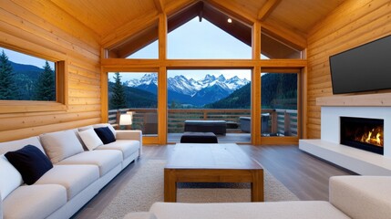 Naklejka premium Cozy cabin living room with a rustic fireplace, soft furnishings, and large windows that open to a breathtaking mountain view, creating a perfect space for relaxation.
