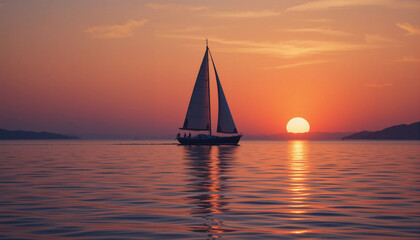 Sailboat gliding on calm waters at sunset with a stunning sky and glowing sun