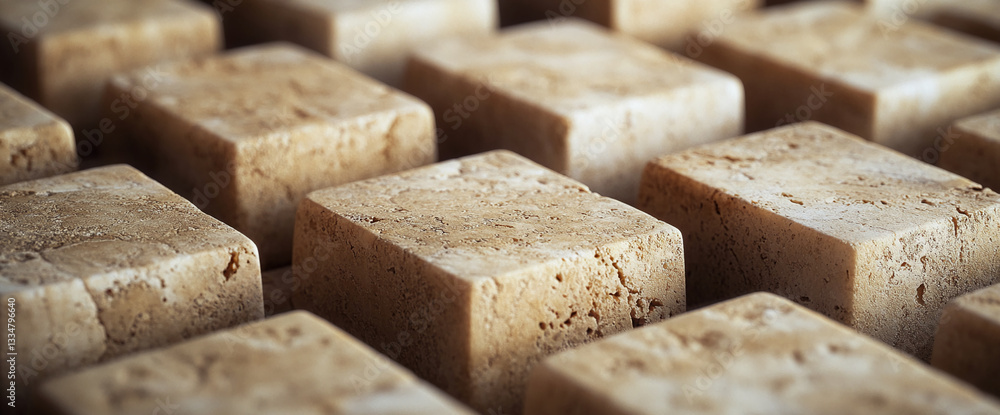 Poster Close-up of beige stone cubes, textured surface, creating a repetitive pattern, showcasing a minimalist and architectural concept, ideal for background or mockup