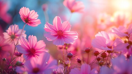 Fototapeta premium Gentle pink cosmos flowers gracefully dance in the warm sunlight, creating a dreamy and ethereal floral scenery with a soft bokeh background, embodying tranquility and natural beauty