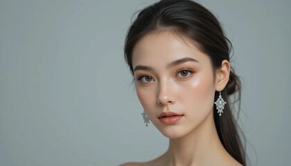 Fototapeta premium Beautiful young woman with elegant makeup and delicate earrings against a soft gray background 