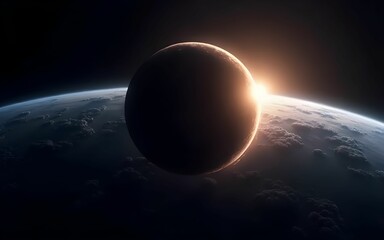 A partial solar eclipse filmed from space, with the Moon casting a dark shadow over the Earth's surface.
