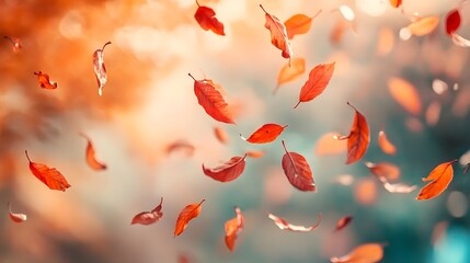 Vibrant autumn leaves floating in the wind
