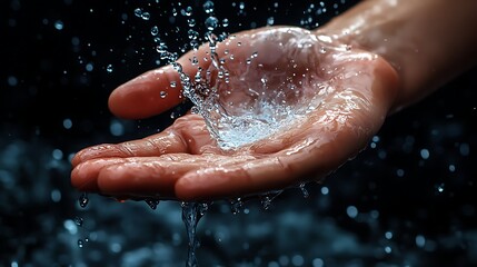 Fototapeta premium Water Splashing on a Hand Against a Dark Background