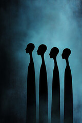 Ghostly figures in silhouette standing in profile against a misty blue background