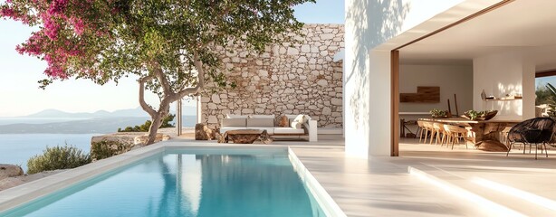 Fototapeta premium Aesthetic poolside relaxation in summer, summer aesthetic poolside relaxation, luxury aesthetic poolside relaxation in summer. Modern villa with pool and scenic view.