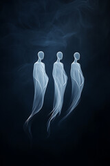 Digital ghosts in ethereal forms floating against a dark smoky background