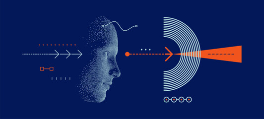 Discovery, studying and learning concept. Time to think. Man scientist thinking. Art composition in memphis style. Cover design template for layout of the science brochure, poster or presentation.