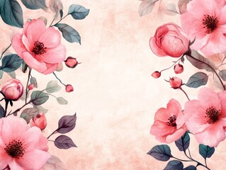 Gentle watercolor floral illustration featuring delicate pink blossoms, lush green and purple leaves, creating a soft and romantic frame on a light peach background