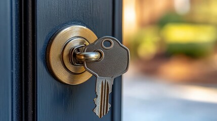 Key in dark blue door lock, outdoor setting