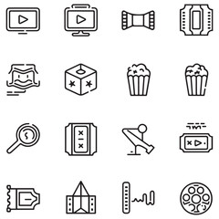 Cinema set of web icons in black line style. Movie and Film linear icon collection. Containing video, movie theater, 3d, vr, popcorn, ticket, director, soundtrack 
