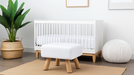 Stylish Scandinavian nursery background with a mockup wall, designed with soft tones and functional, cozy furniture to create a welcoming environment for a baby.