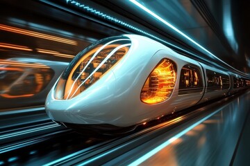 Fototapeta premium Innovative Nanotechnology Shapes the Future of Transportation With Sleek, High-Speed Trains in a Vibrant Urban Setting