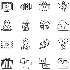 Cinema set of web icons in black line style. Movie and Film linear icon collection. Containing video, movie theater, 3d, vr, popcorn, ticket, director, soundtrack 