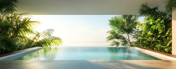 Aesthetic poolside relaxation in summer, summer aesthetic poolside relaxation, luxury aesthetic poolside relaxation in summer. Tranquil poolside oasis with lush greenery.