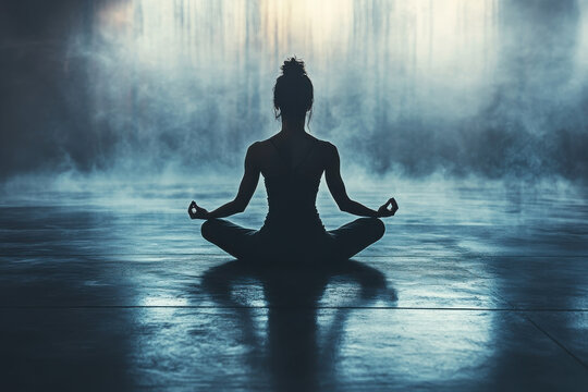 Healthy lifestyle person meditating in serene, misty environment