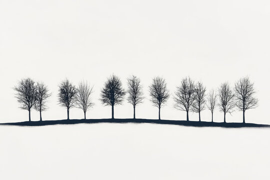 Silhouetted winter trees stand in a row against a white sky