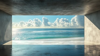 Concrete room overlooking ocean with cloudy sky