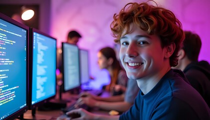 Teen coder smiling at computer - technology, education success