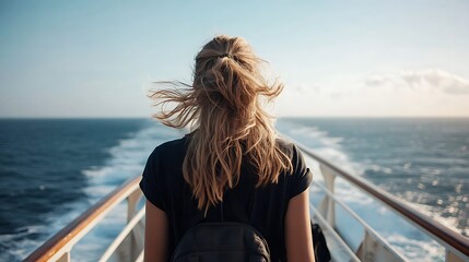 Fototapeta premium Woman with Windblown Hair on Cruise Ship Deck at Sea