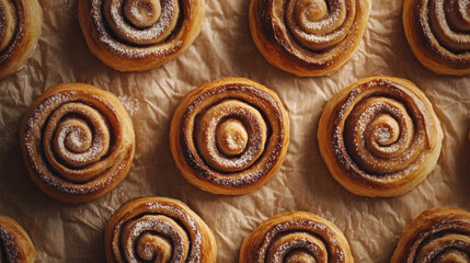 Freshly baked homemade Cinnamon rolls or Cinnamon buns on baking paper. Close-up Cinnabon's bun freshly background.