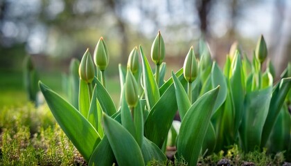 Fototapeta premium Green unopened tulips grow in spring garden closeup- 93206