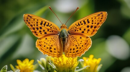 Obraz premium Vibrant orange butterfly perched on yellow flowers in a lush garden during sunny daylight