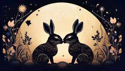 Crédence de cuisine  A delicate line-art silhouette of two rabbits touching noses under a crescent moon, evoking gentle affection and quiet night magic.   © MP_Artworks