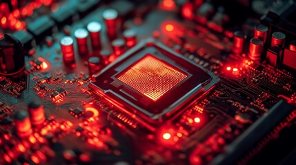 Fototapeta premium Close-up view of a illuminated CPU on a motherboard, showcasing intricate circuitry and glowing red components.
