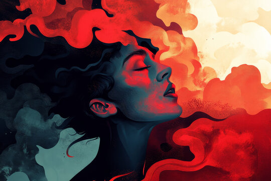 Crimson Dreamscape: Woman's profile engulfed by fiery, swirling smoke