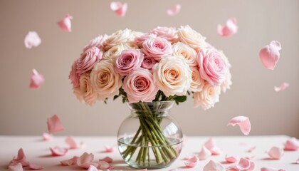 Ethereal Petals: Depict a stylized arrangement of pastel colored flowers in a vintage glass vase, surrounded by floating petals and soft bokeh effects.