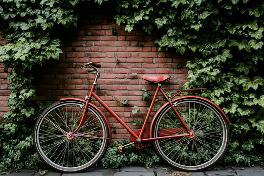 Vintage Red Bicycle by Brick Wall