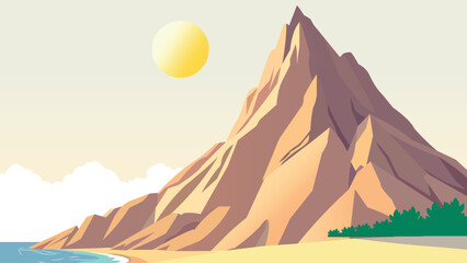 Scenic Mountain Landscape Illustration with Sun and Beach, Wilderness travel destination with a mountain and tranquil beach, Picturesque mountain view under the warm glow of the sun.