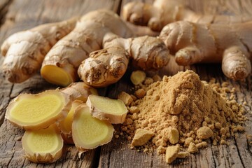 Fototapeta premium Fresh Ginger Roots and Ground Ginger on Rustic Wooden Table