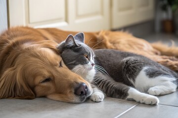Dog and Cat Cuddling Peacefully on Floor. Golden retriever and gray cat relaxing together on tiled floor, showing peaceful friendship and bonding between different pet species