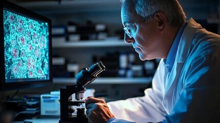 Senior Scientist Using Microscope Analyzing Cellular Structures on Computer Screen in Lab