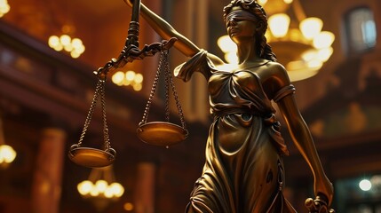 Golden statue of Lady Justice with scales, blindfolded, symbolizing impartiality and the administration of law in a classic interior setting