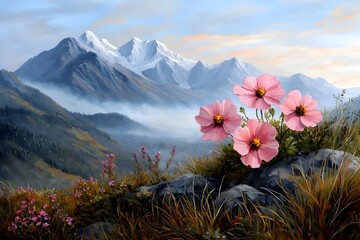 Fragile flower petals in pastel shades of pink and lavender juxtaposed against the raw craggy splendor of an alpine landscape with dramatic peaks piercing the skyline in a hazy