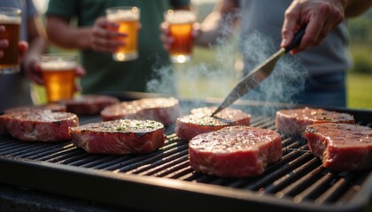 Succulent Steaks Grilling at Sunny Outdoor Social Gathering