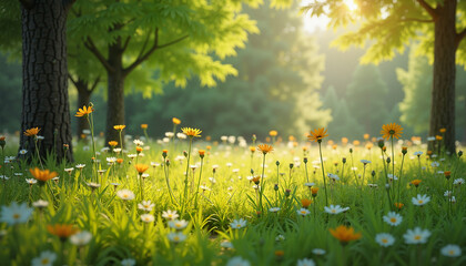 Dreamy sunlit meadow filled with daisies and wildflowers against woodland backdrop