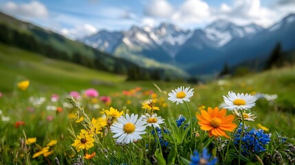 Fototapeta premium Stunning array of colorful wildflowers thriving in a serene alpine valley set against the majestic backdrop of snow capped mountain peaks