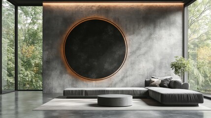 Modern living room design featuring minimalist furniture and a large circular wall art in a serene setting
