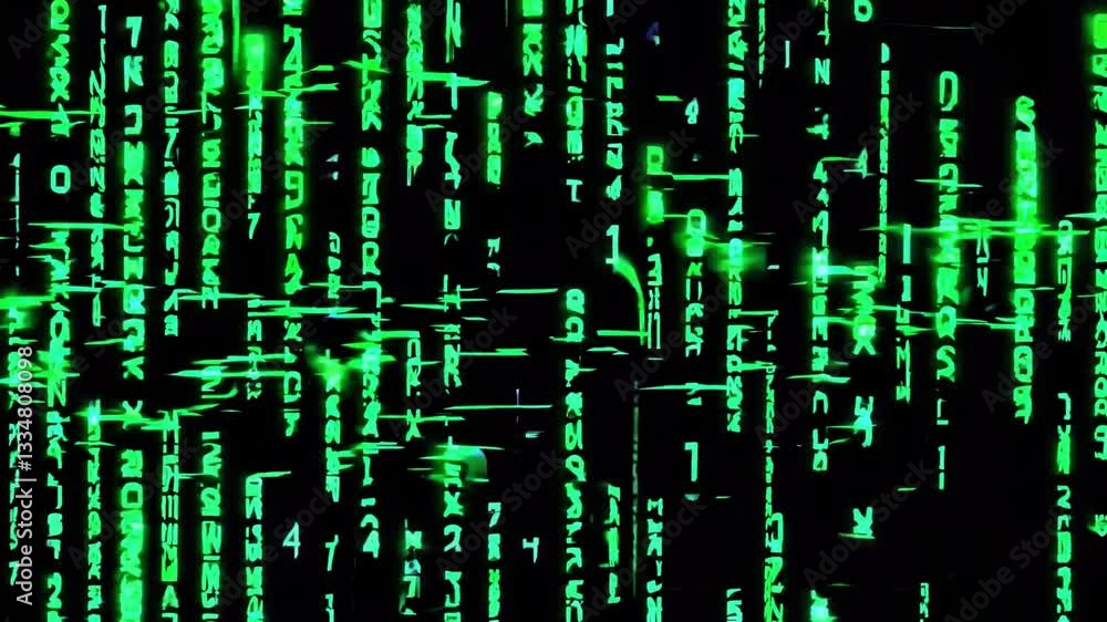 Poster matrix-style green digital rain alphanumeric code effect on black background, futuristic visual symb