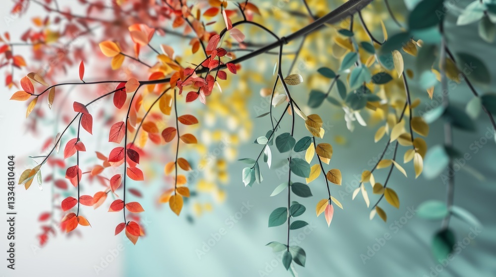 Poster vibrant tree with colorful leaves on hanging branches in abstract 3d background