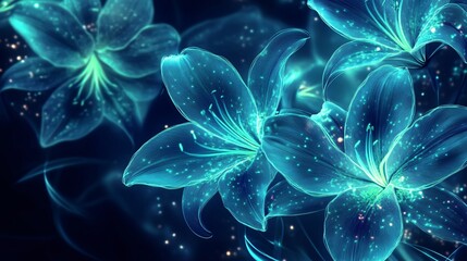 Glowing Lily Flowers in Neon Green on Black and Blue Background